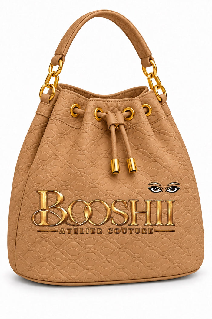 BOOSHII Signature Drawstring Bucket Bag — Tan