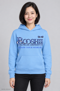 Digital mockup: BOOSHII sky blue hoodie with royal blue signature and KNOW YOUR WORTH