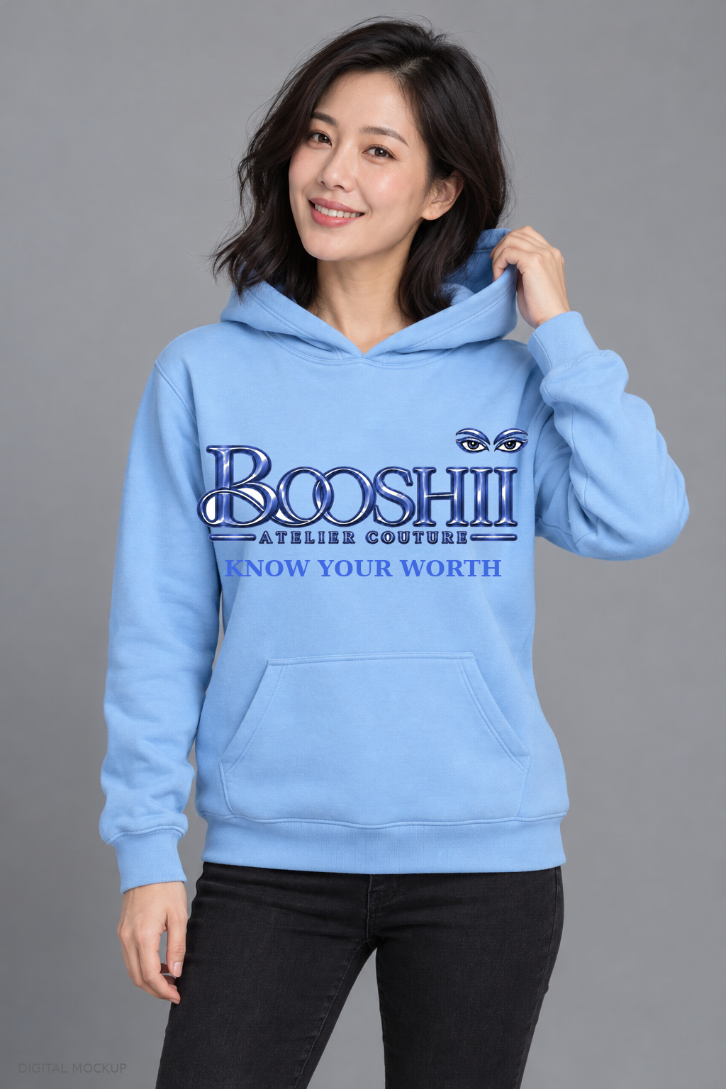 Digital mockup: BOOSHII Know Your Worth — Sky Blue Hoodie / Royal Blue Signature, alternate model pose