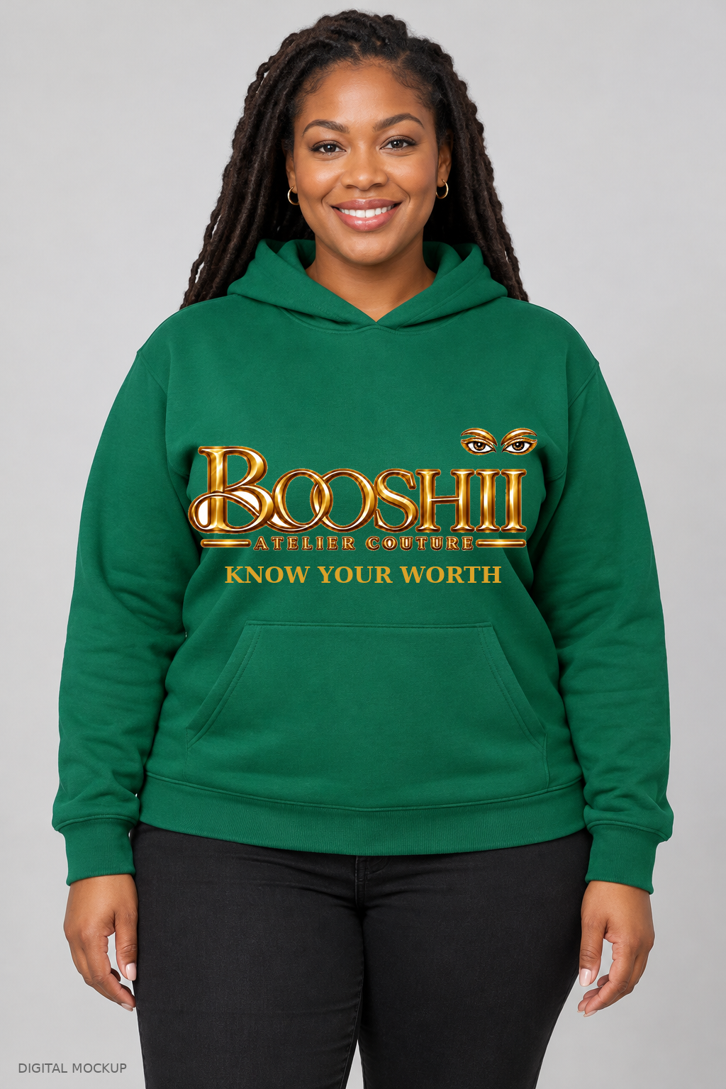 Digital mockup: BOOSHII emerald green hoodie with gold signature and KNOW YOUR WORTH