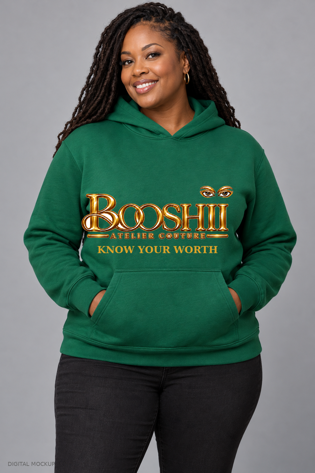 Digital mockup: BOOSHII Know Your Worth — Emerald Green Hoodie / Gold Signature, alternate model pose