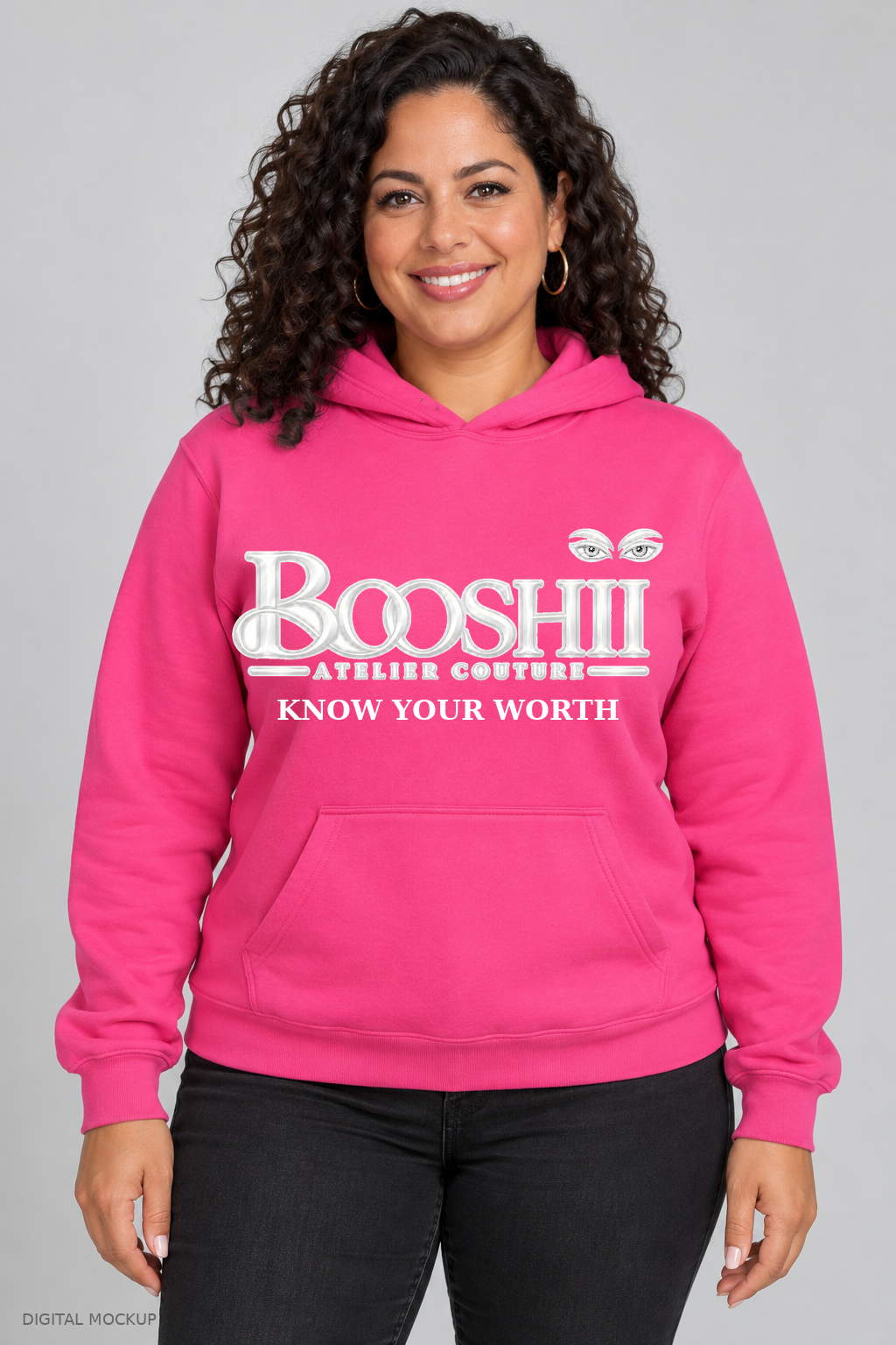 Digital mockup: BOOSHII hot pink hoodie with white signature and KNOW YOUR WORTH