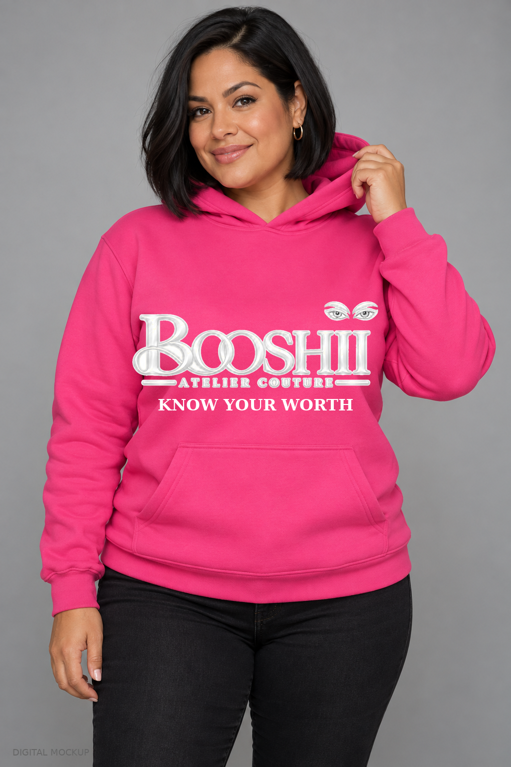 Digital mockup: BOOSHII Know Your Worth — Hot Pink Hoodie / White Signature, alternate model pose