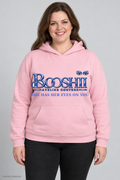 Digital mockup: BOOSHII pink hoodie with royal blue signature and SHE HAS HER EYES ON YOU