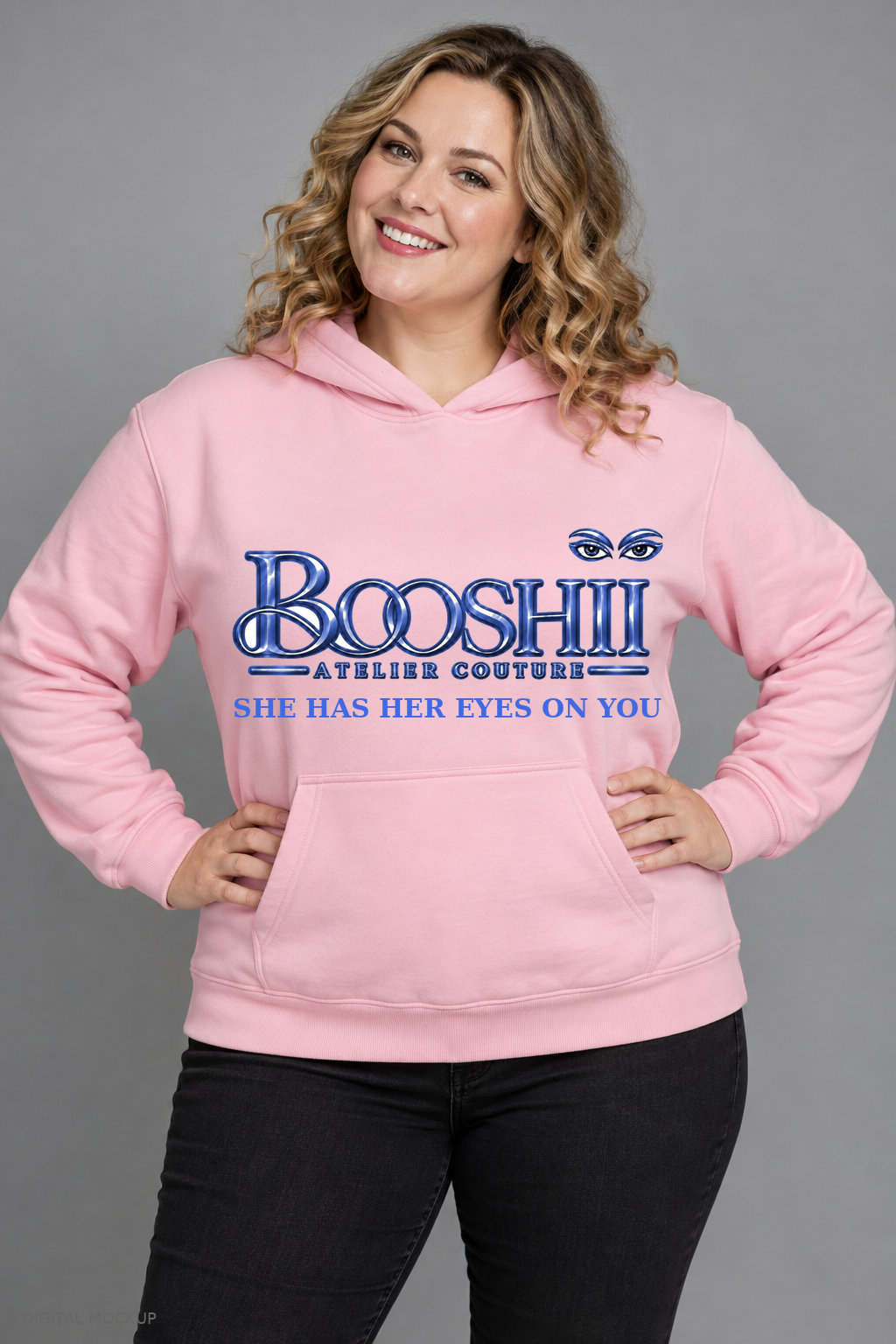 Digital mockup: BOOSHII She Has Her Eyes on You — Pink Hoodie / Royal Blue Signature, alternate model pose