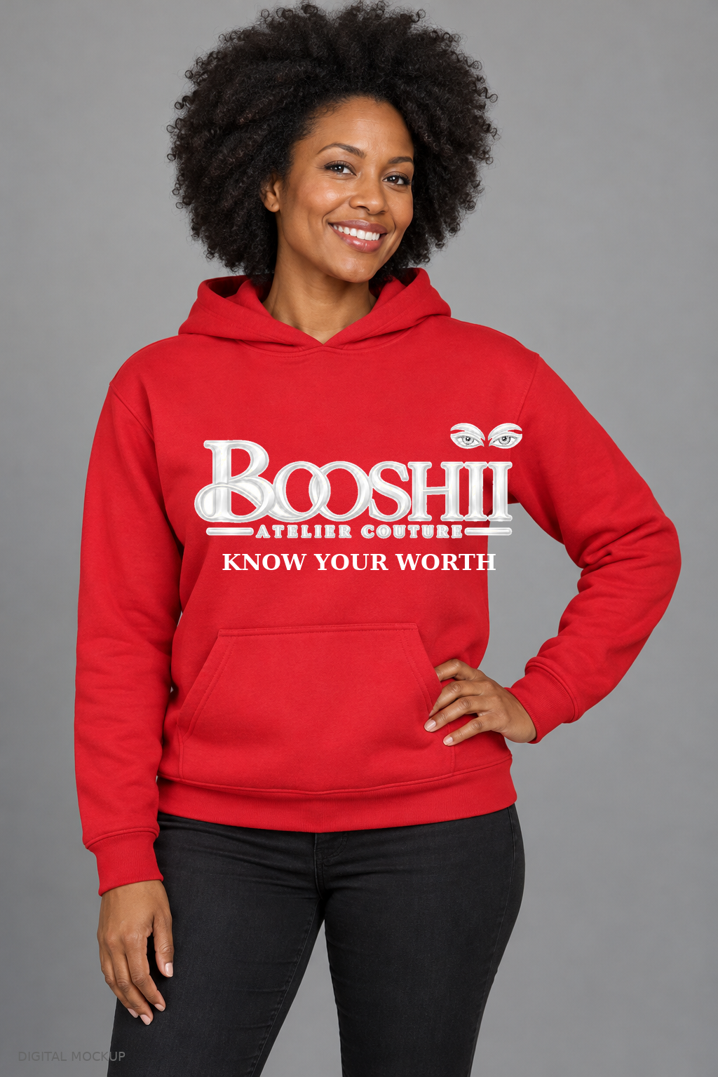 Digital mockup: BOOSHII Know Your Worth — Red Hoodie / White Signature, alternate model pose