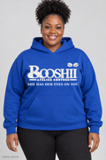 Digital mockup: BOOSHII royal blue hoodie with white signature and SHE HAS HER EYES ON YOU