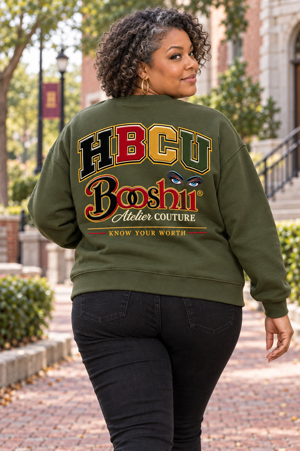 Olive Heritage Sweatshirt — HBCU design preview; One sweatshirt; back design shown
