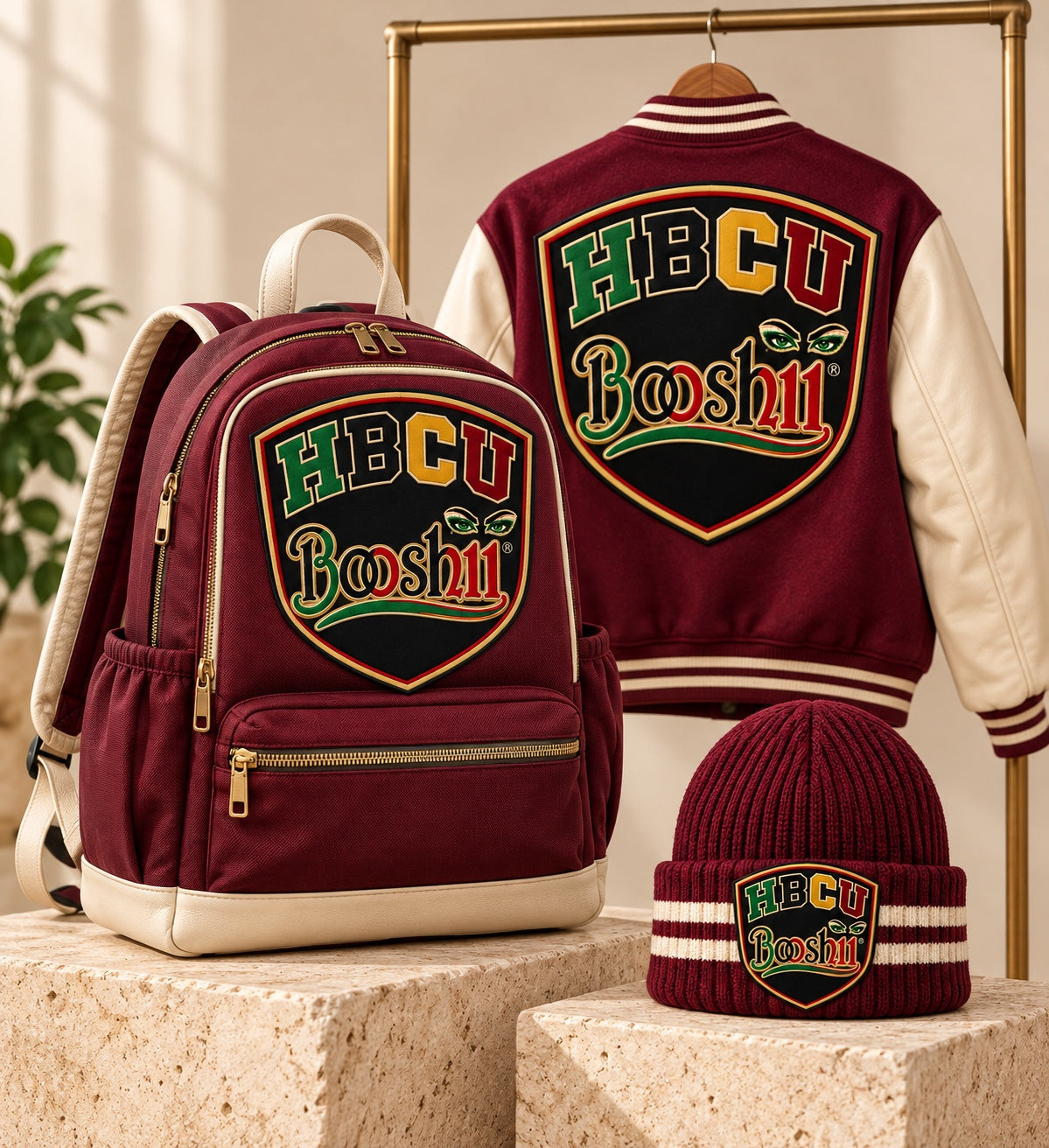 Burgundy Crest Beanie — HBCU design preview; One beanie; jacket and backpack sold separately