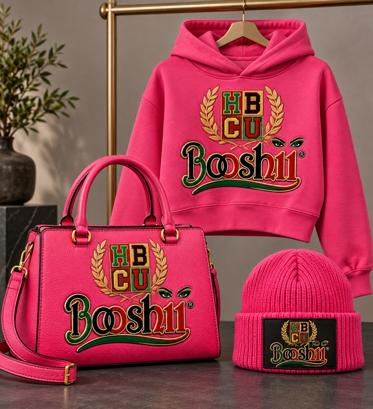 Hot Pink Crest Beanie — HBCU design preview; One beanie; hoodie and handbag sold separately