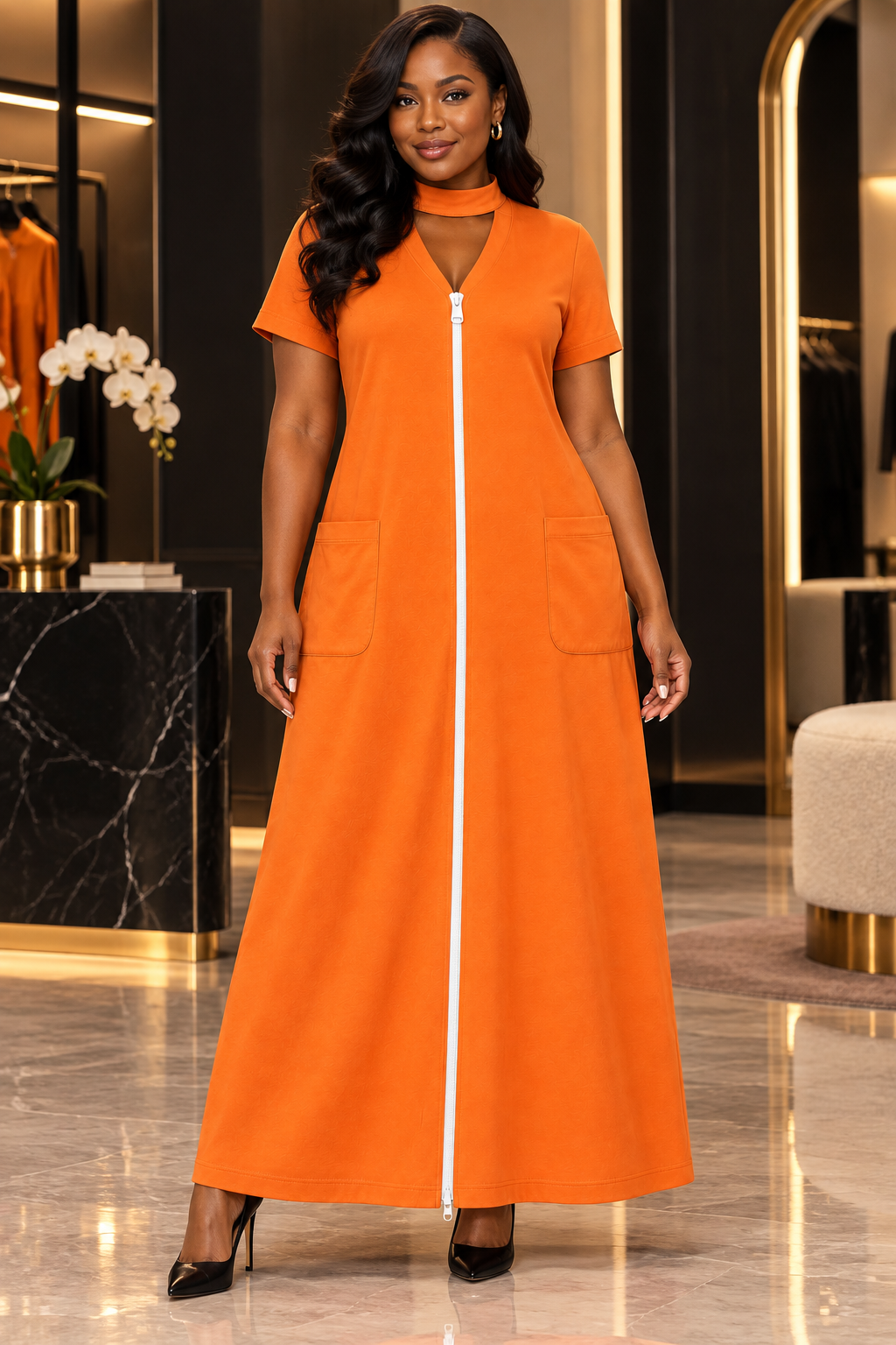 BOOSHII — Orange Zip-Front Maxi Dress