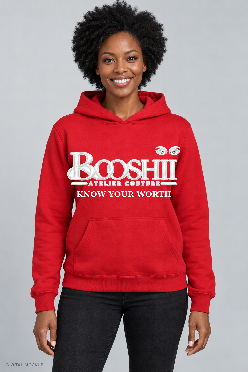 Digital mockup: red BOOSHII hoodie with white signature logo and Know Your Worth