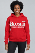 Digital mockup: red BOOSHII hoodie with white signature logo and Know Your Worth