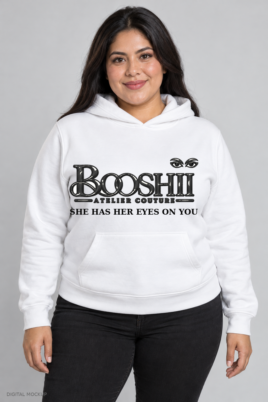Digital mockup: BOOSHII white hoodie with Black signature and SHE HAS HER EYES ON YOU