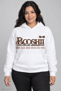 Digital mockup: BOOSHII white hoodie with Brown signature and SHE HAS HER EYES ON YOU