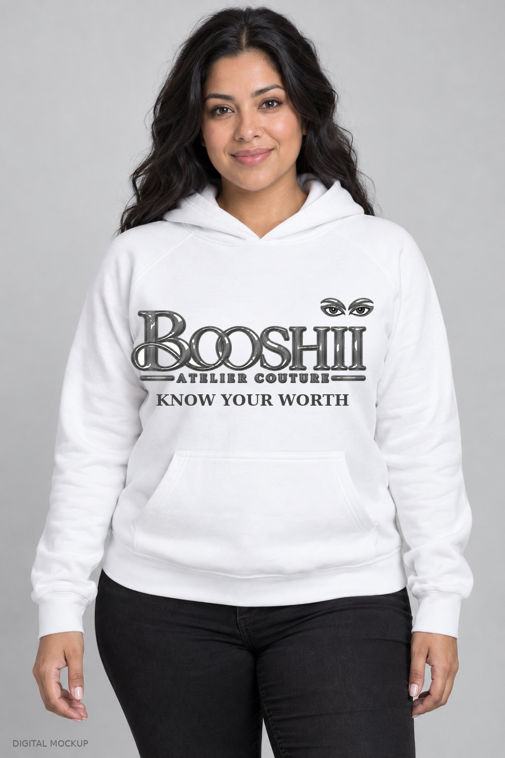 Digital mockup: BOOSHII white hoodie with Dark Grey signature and KNOW YOUR WORTH