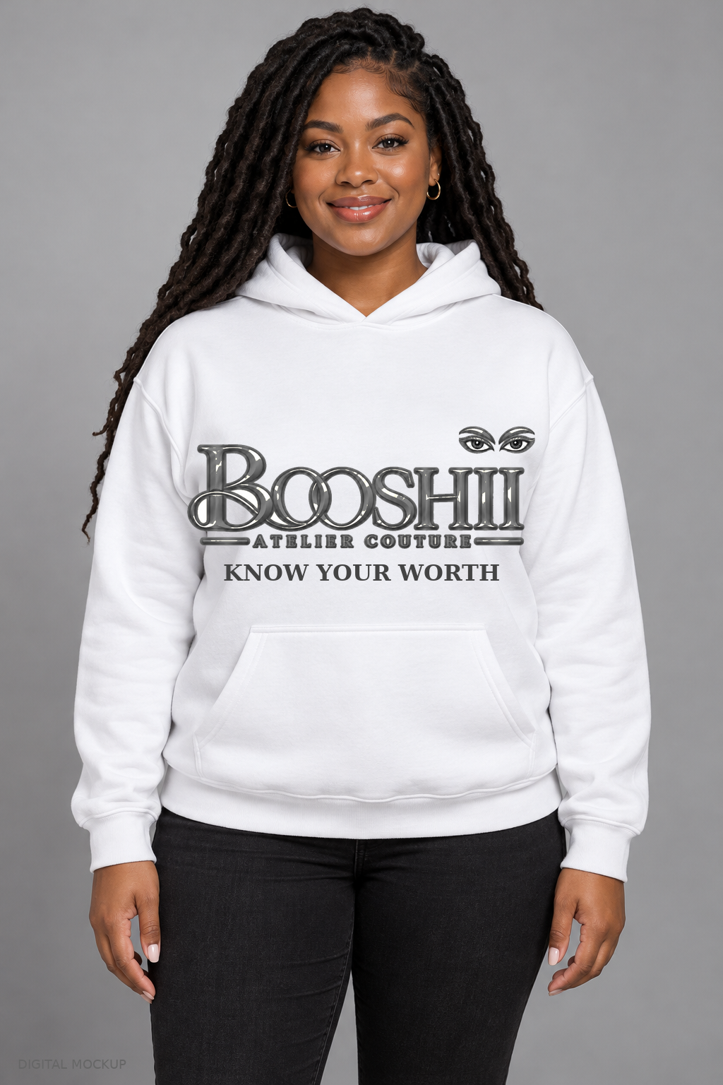 Digital mockup: BOOSHII white hoodie with Dark Grey signature and KNOW YOUR WORTH