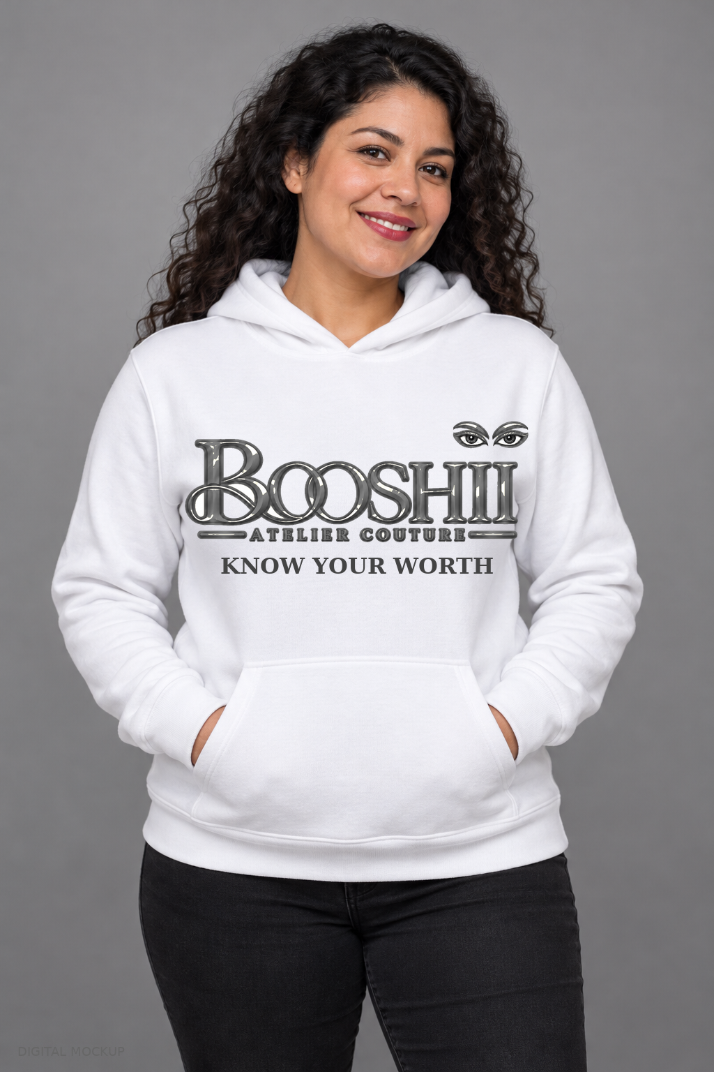 Digital mockup: BOOSHII Know Your Worth — White Hoodie / Dark Grey Signature, alternate model pose