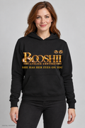 Digital mockup: BOOSHII black hoodie with Gold signature and SHE HAS HER EYES ON YOU