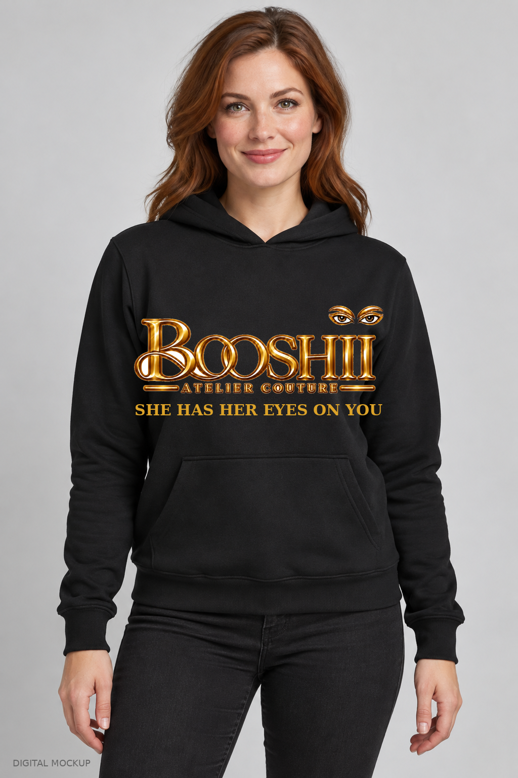 Digital mockup: BOOSHII black hoodie with Gold signature and SHE HAS HER EYES ON YOU