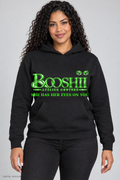 Digital mockup: BOOSHII black hoodie with Neon Green signature and SHE HAS HER EYES ON YOU