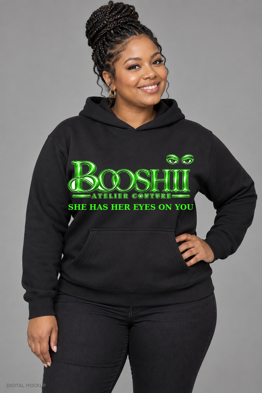 Digital mockup: BOOSHII She Has Her Eyes on You — Black Hoodie / Neon Green Signature, alternate model pose
