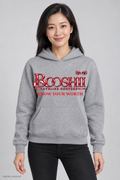 Digital mockup: BOOSHII heather gray hoodie with Red signature and KNOW YOUR WORTH