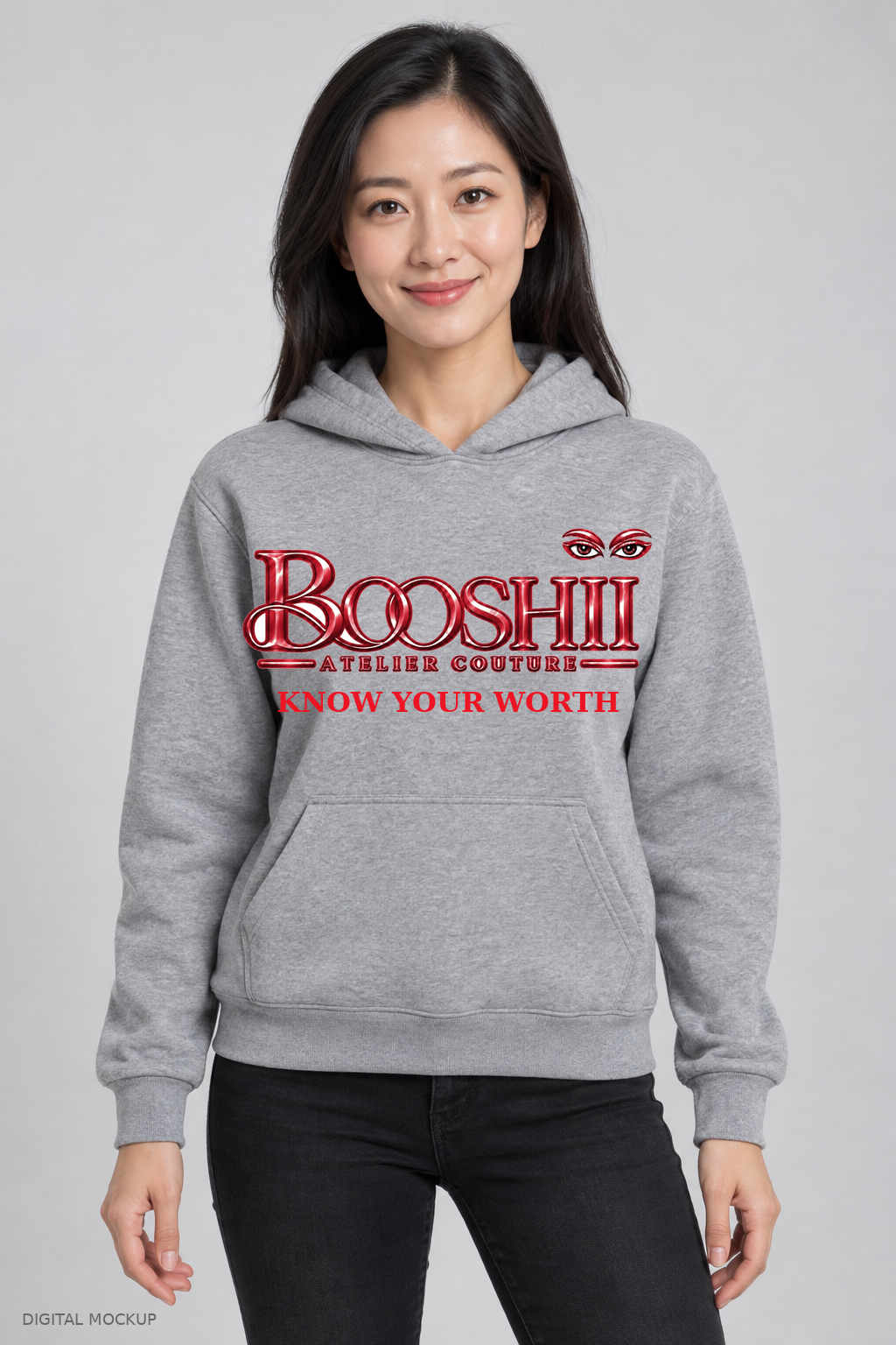 Digital mockup: BOOSHII heather gray hoodie with Red signature and KNOW YOUR WORTH