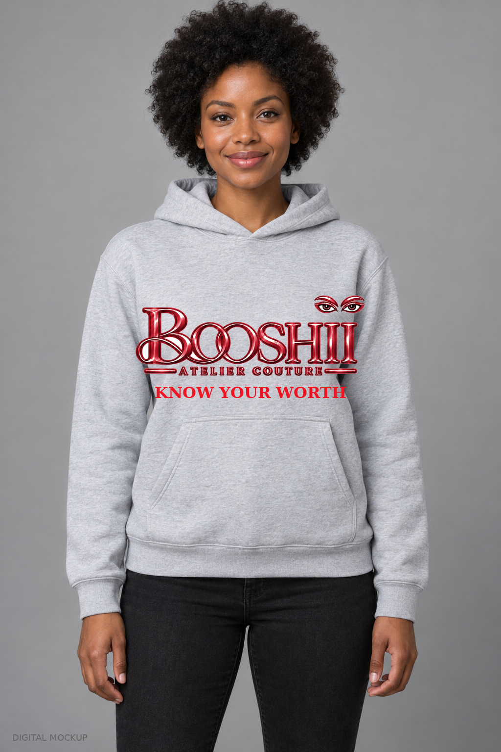 Digital mockup: BOOSHII heather gray hoodie with Red signature and KNOW YOUR WORTH