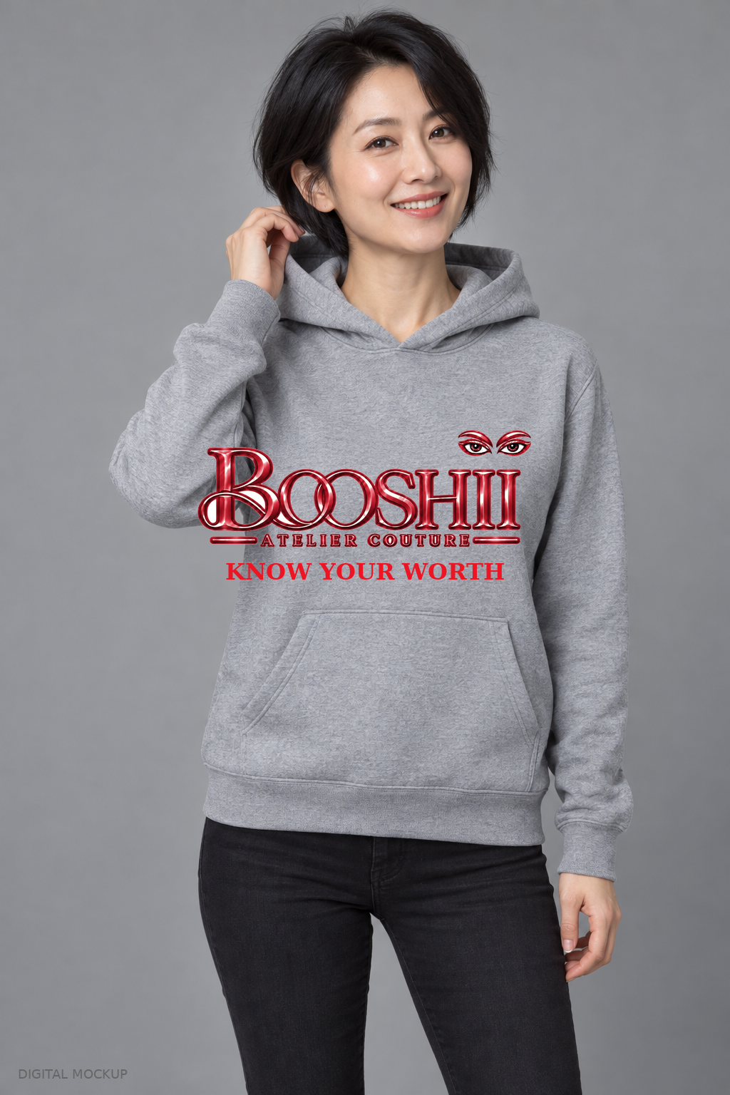 Digital mockup: BOOSHII Know Your Worth — Heather Gray Hoodie / Red Signature, alternate model pose