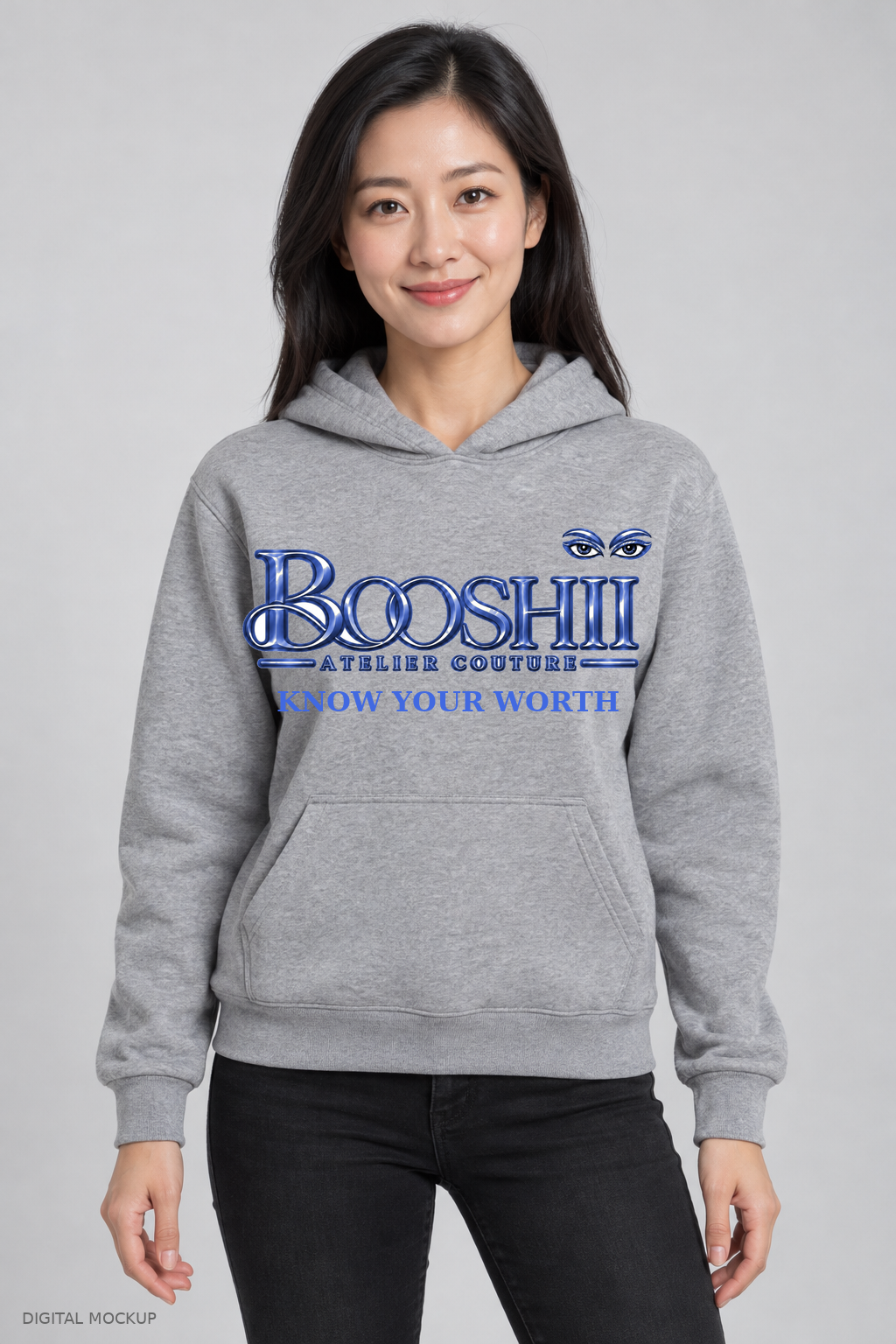 Digital mockup: BOOSHII heather gray hoodie with Royal Blue signature and KNOW YOUR WORTH
