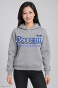 Digital mockup: BOOSHII heather gray hoodie with Royal Blue signature and KNOW YOUR WORTH