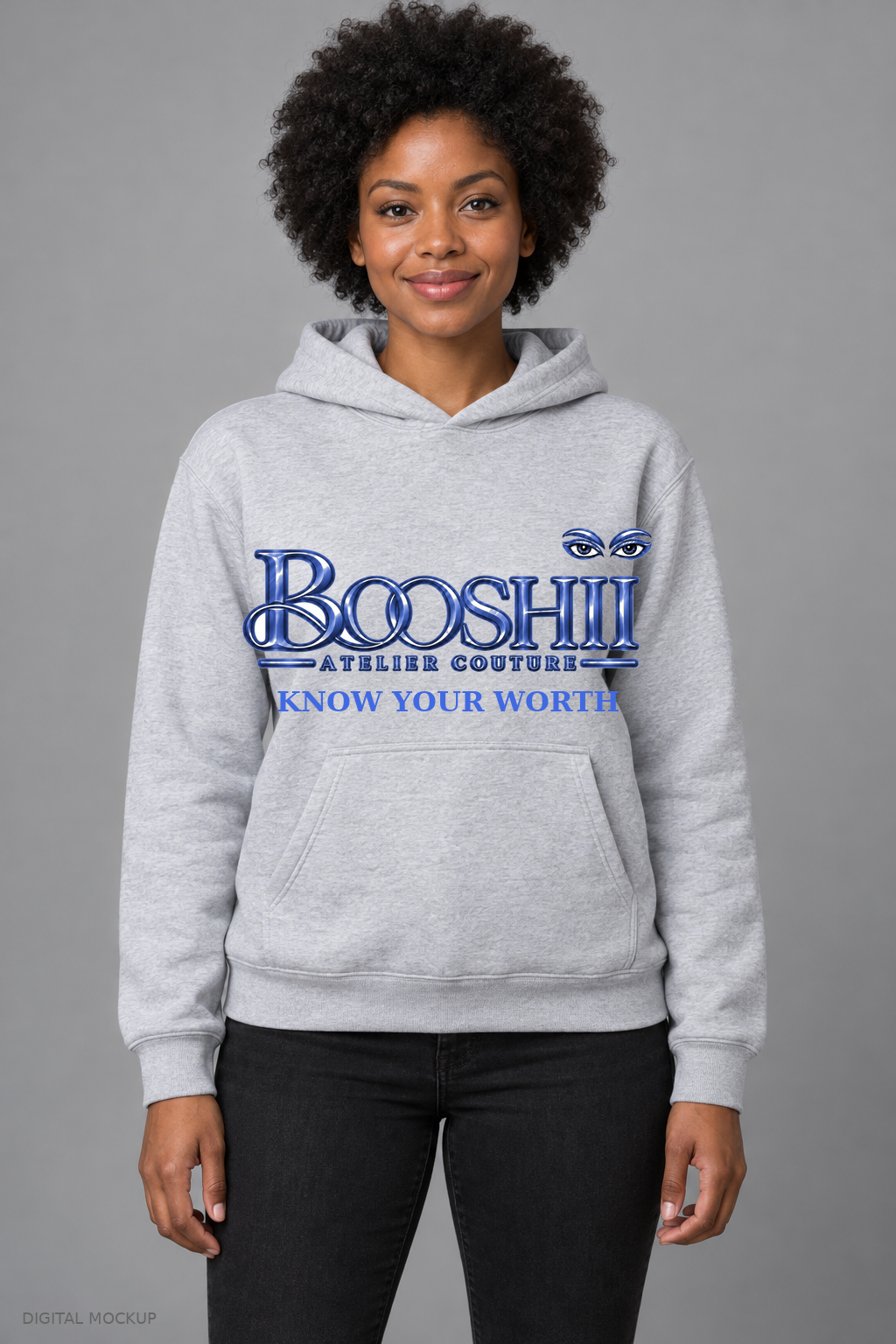 Digital mockup: BOOSHII heather gray hoodie with Royal Blue signature and KNOW YOUR WORTH