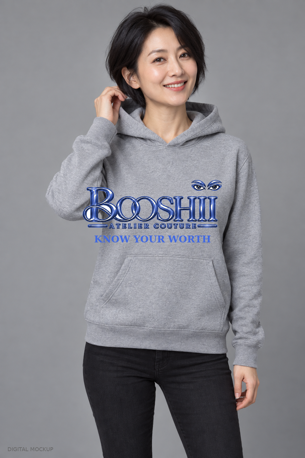 Digital mockup: BOOSHII Know Your Worth — Heather Gray Hoodie / Royal Blue Signature, alternate model pose