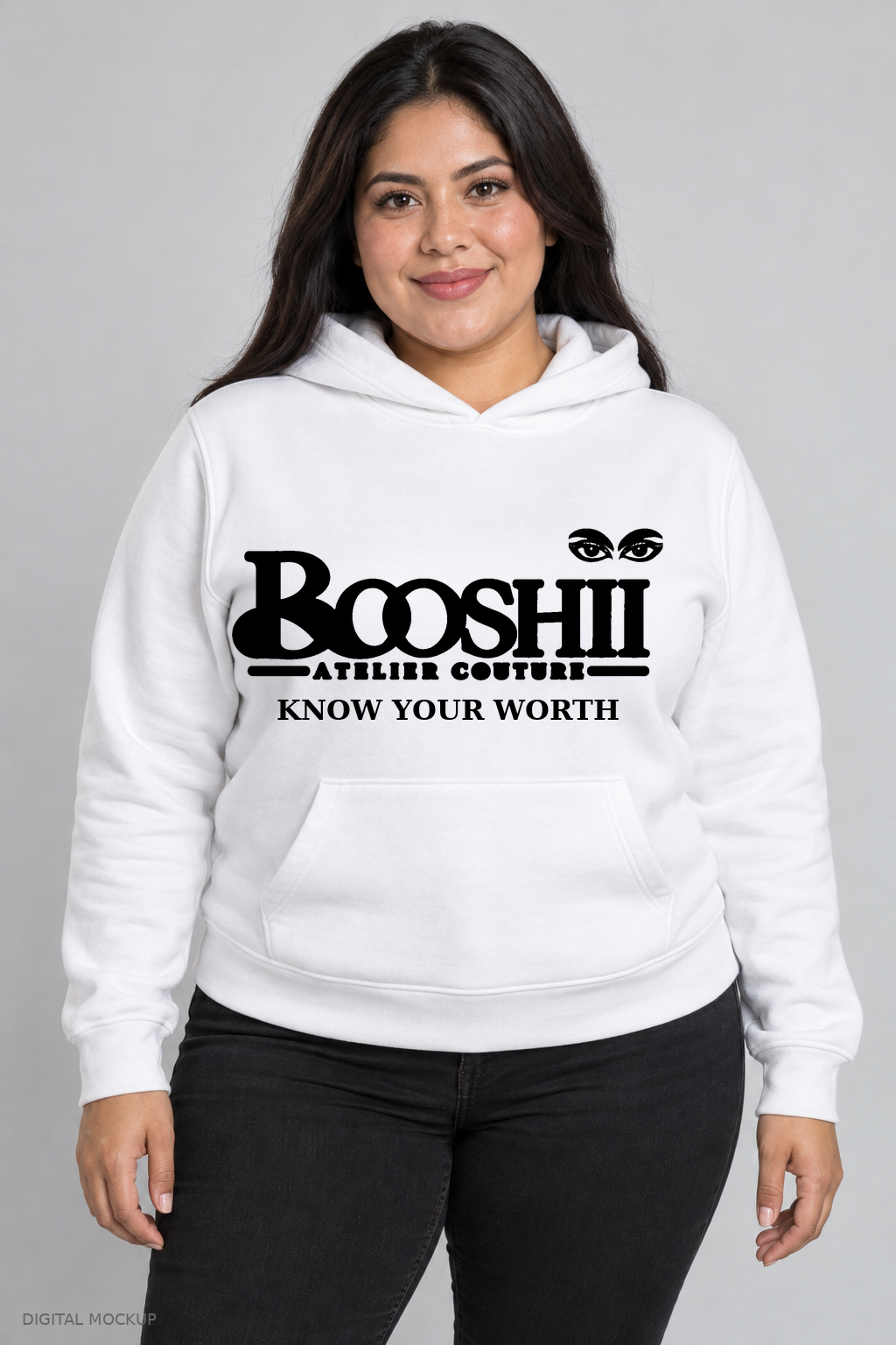 Digital mockup: BOOSHII white hoodie with Solid Black signature and KNOW YOUR WORTH