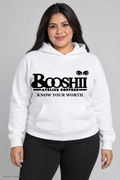 Digital mockup: BOOSHII white hoodie with Solid Black signature and KNOW YOUR WORTH