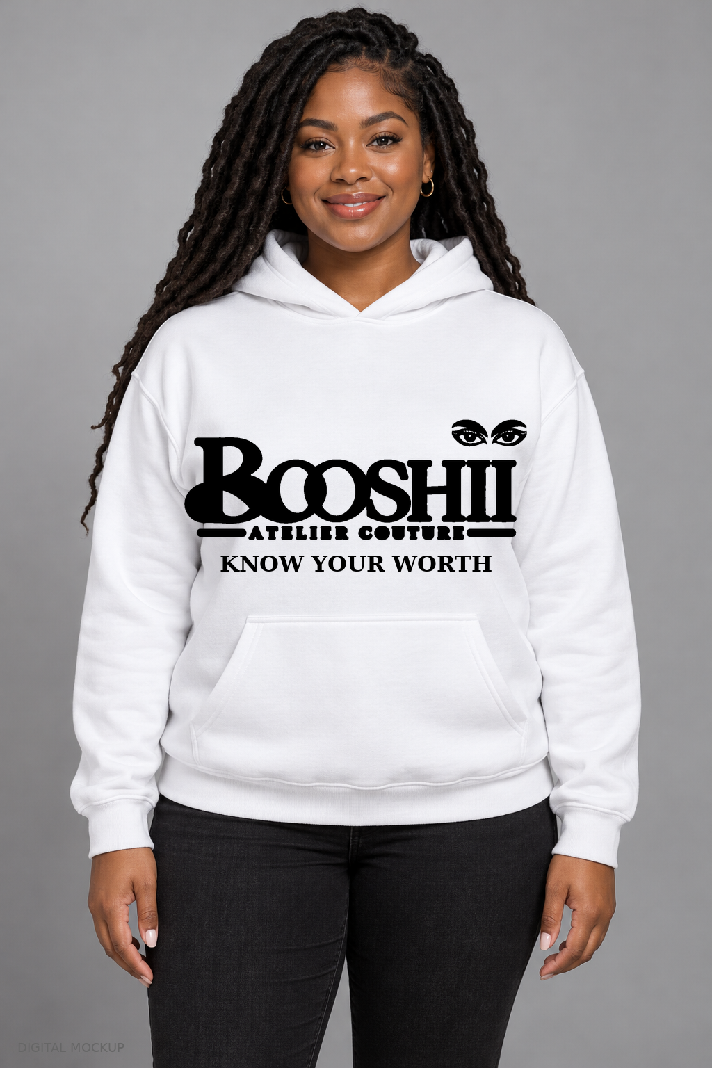 Digital mockup: BOOSHII white hoodie with Solid Black signature and KNOW YOUR WORTH