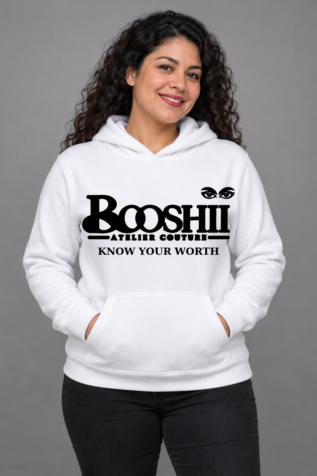 Digital mockup: BOOSHII Know Your Worth — White Hoodie / Solid Black Signature, alternate model pose