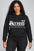 Digital mockup: BOOSHII black hoodie with White Black Trim signature and SHE HAS HER EYES ON YOU