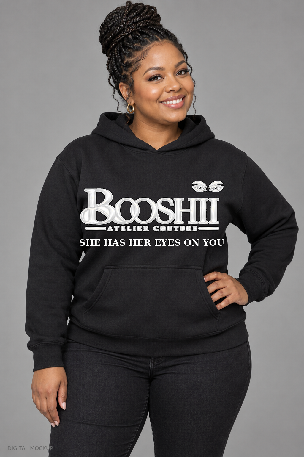 Digital mockup: BOOSHII She Has Her Eyes on You — Black Hoodie / White Black Trim Signature, alternate model pose