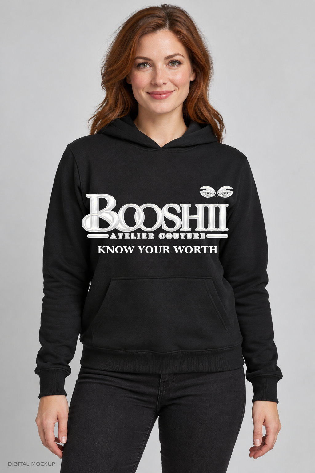 Digital mockup: BOOSHII black hoodie with White signature and KNOW YOUR WORTH