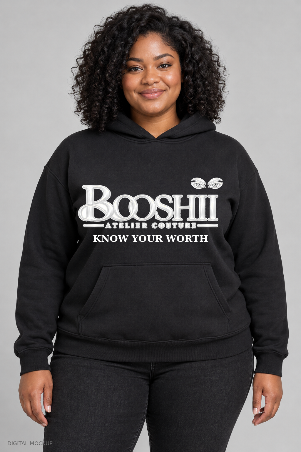 Digital mockup: BOOSHII black hoodie with White signature and KNOW YOUR WORTH