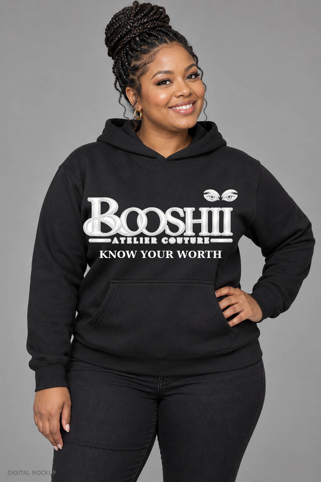 Digital mockup: BOOSHII Know Your Worth — Black Hoodie / White Signature, alternate model pose