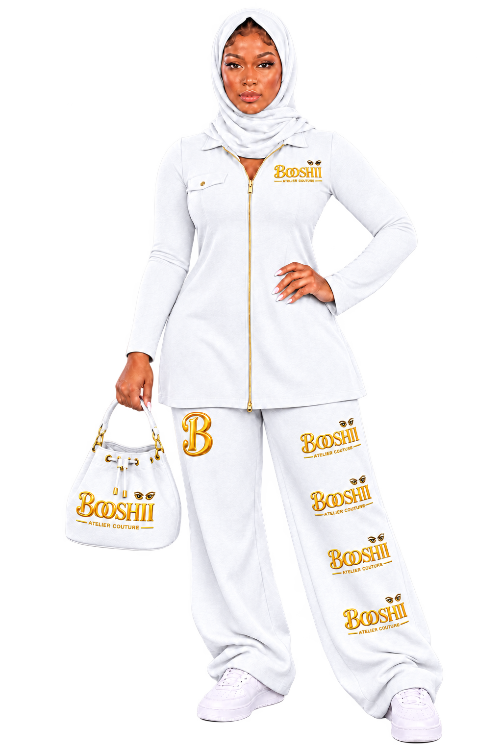 BOOSHII — White & Gold Hooded Two-Piece Set