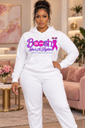 Phoebe wearing the white Brenda Mae Collection She's A Fighter awareness hoodie design mockup; matching pants styled separately