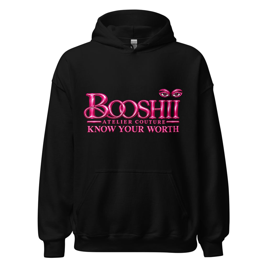 Front view of the black BOOSHII Know Your Worth hoodie with hot-pink logo