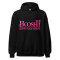 Front view of the black BOOSHII Know Your Worth hoodie with hot-pink logo
