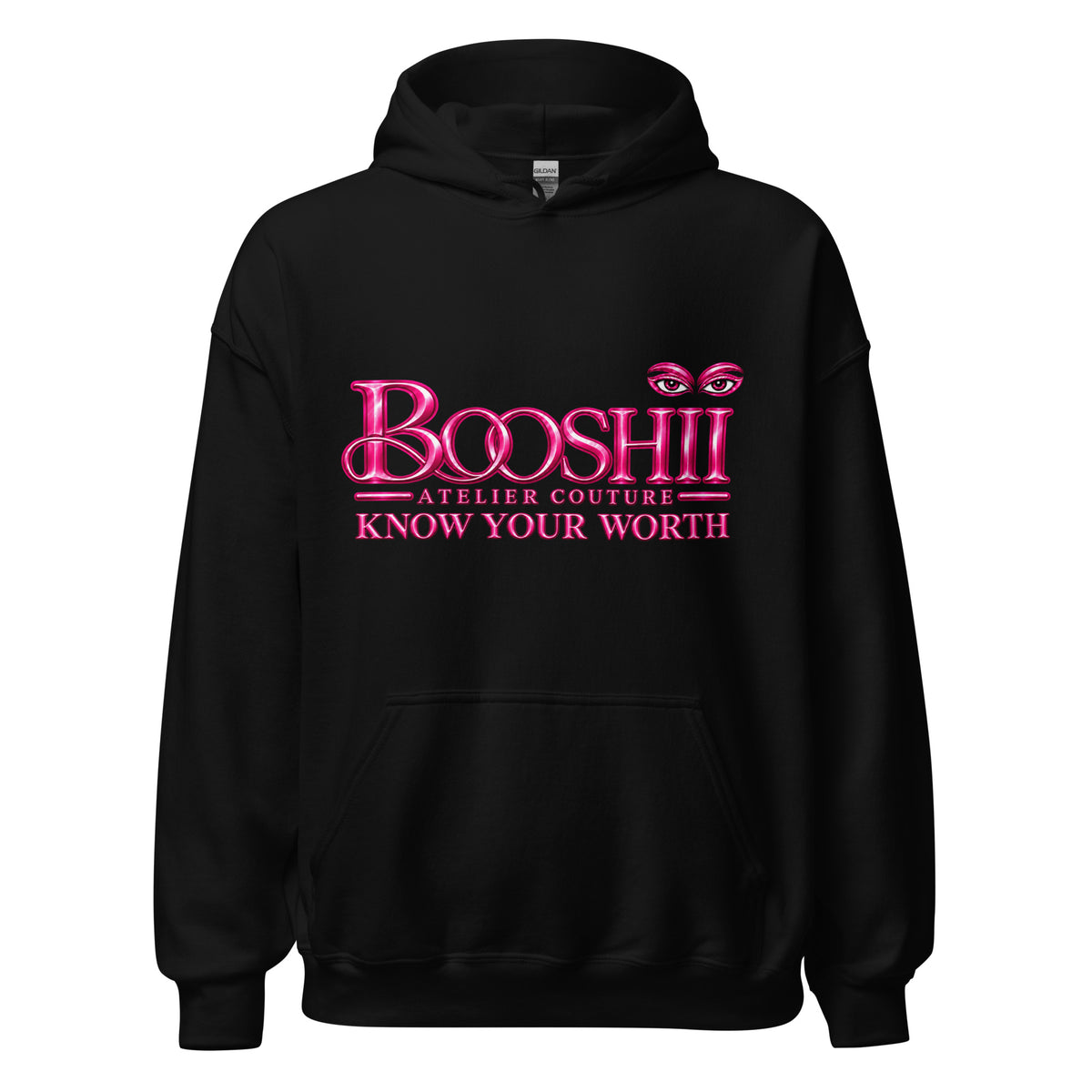 Front view of the black BOOSHII Know Your Worth hoodie with hot-pink logo