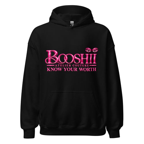 Front view of the black BOOSHII Know Your Worth hoodie with hot-pink logo