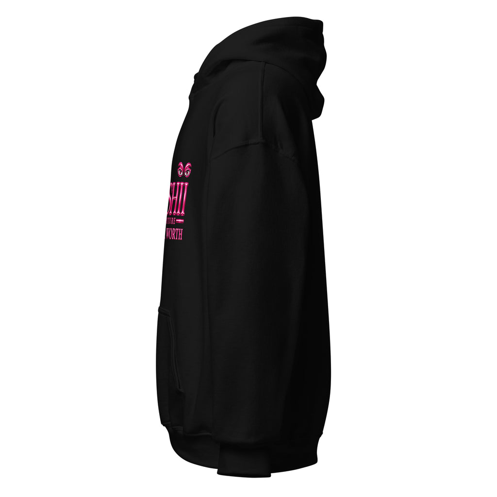 Left-side view of the black BOOSHII Know Your Worth hoodie